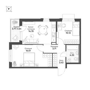 2-к квартира, строящийся дом, 54м2, 11/25 этаж