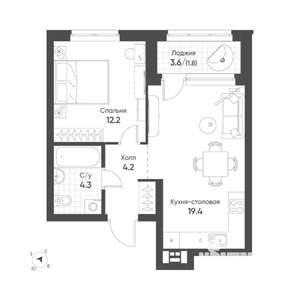 1-к квартира, строящийся дом, 42м2, 5/16 этаж