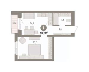 1-к квартира, вторичка, 40м2, 3/15 этаж