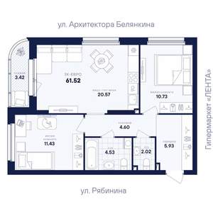2-к квартира, вторичка, 62м2, 23/26 этаж