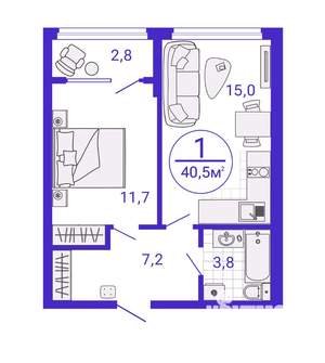 1-к квартира, строящийся дом, 39м2, 22/27 этаж