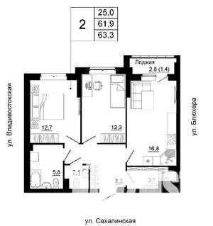 2-к квартира, вторичка, 63м2, 2/24 этаж