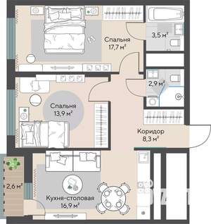 2-к квартира, строящийся дом, 65м2, 22/22 этаж