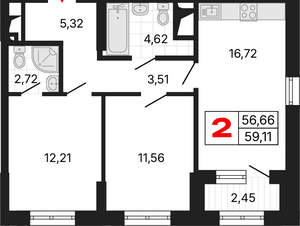 2-к квартира, вторичка, 59м2, 5/25 этаж