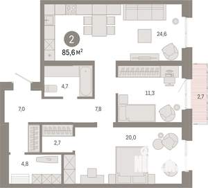 2-к квартира, вторичка, 86м2, 6/24 этаж