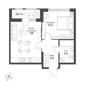 1-к квартира, строящийся дом, 43м2, 8/15 этаж