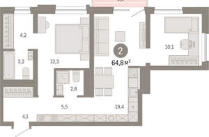 2-к квартира, вторичка, 65м2, 6/8 этаж