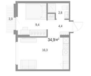 1-к квартира, вторичка, 35м2, 7/9 этаж