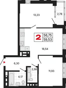 2-к квартира, вторичка, 60м2, 28/30 этаж