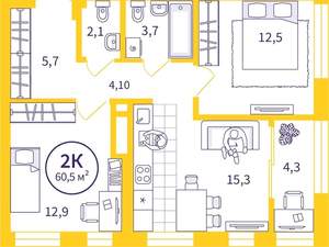 2-к квартира, вторичка, 58м2, 9/32 этаж