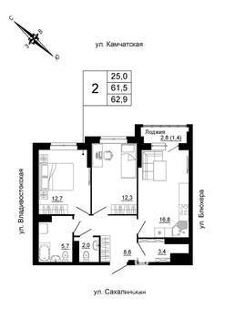 2-к квартира, вторичка, 63м2, 22/24 этаж