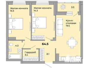 2-к квартира, сданный дом, 65м2, 20/21 этаж