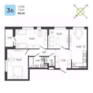 3-к квартира, строящийся дом, 80м2, 12/23 этаж