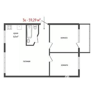 3-к квартира, вторичка, 59м2, 3/5 этаж