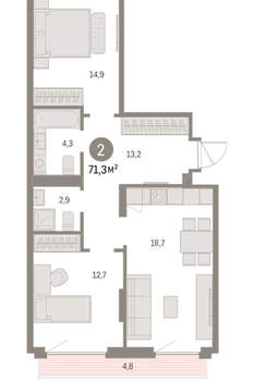 2-к квартира, вторичка, 71м2, 4/9 этаж