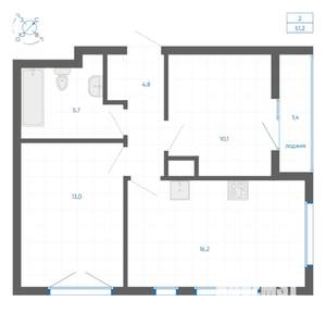 2-к квартира, вторичка, 51м2, 7/15 этаж