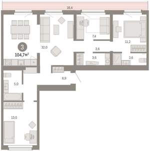 3-к квартира, вторичка, 105м2, 8/9 этаж