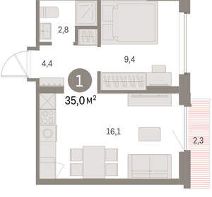 1-к квартира, вторичка, 35м2, 8/9 этаж