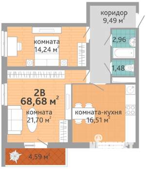 3-к квартира, вторичка, 68м2, 19/25 этаж