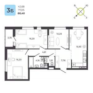 3-к квартира, строящийся дом, 80м2, 12/23 этаж
