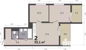 2-к квартира, вторичка, 55м2, 9/19 этаж