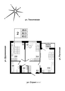 2-к квартира, вторичка, 61м2, 17/19 этаж