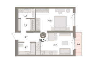 1-к квартира, вторичка, 51м2, 2/15 этаж