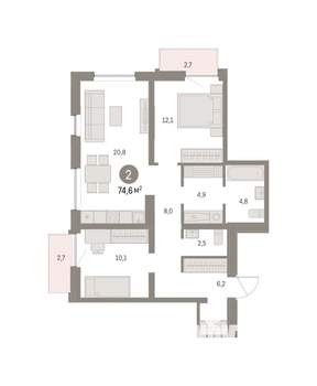 2-к квартира, вторичка, 75м2, 3/16 этаж