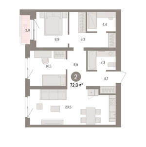 2-к квартира, вторичка, 72м2, 2/15 этаж