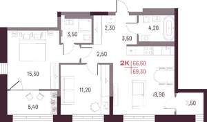 2-к квартира, вторичка, 67м2, 24/25 этаж