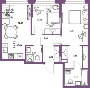 3-к квартира, строящийся дом, 62м2, 5/24 этаж