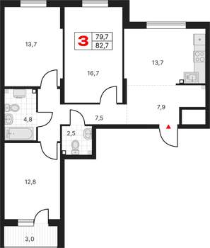 3-к квартира, вторичка, 83м2, 2/17 этаж