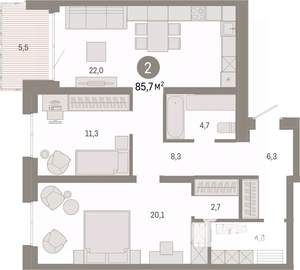 2-к квартира, вторичка, 86м2, 8/24 этаж