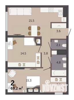 2-к квартира, строящийся дом, 69м2, 10/32 этаж