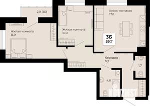 2-к квартира, строящийся дом, 60м2, 6/25 этаж
