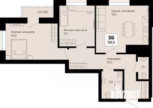 2-к квартира, строящийся дом, 59м2, 22/25 этаж