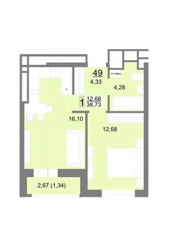 1-к квартира, строящийся дом, 39м2, 6/22 этаж