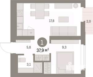 1-к квартира, вторичка, 38м2, 3/9 этаж