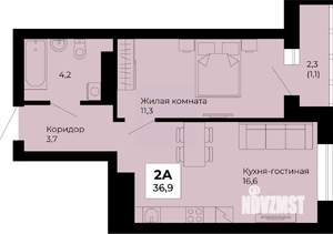 1-к квартира, строящийся дом, 37м2, 13/25 этаж