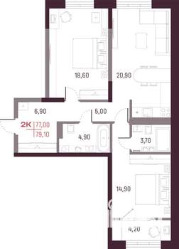 2-к квартира, строящийся дом, 77м2, 4/25 этаж