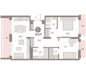 2-к квартира, вторичка, 74м2, 9/9 этаж