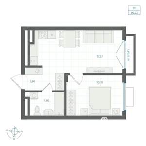 1-к квартира, строящийся дом, 36м2, 3/4 этаж