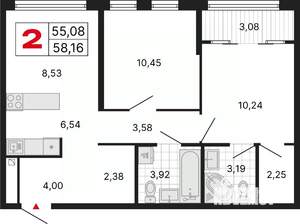 2-к квартира, вторичка, 58м2, 24/25 этаж