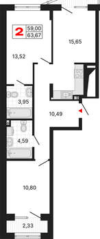 2-к квартира, вторичка, 64м2, 2/25 этаж