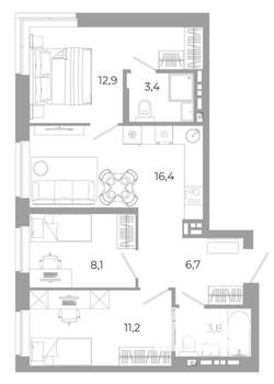 3-к квартира, вторичка, 63м2, 12/12 этаж