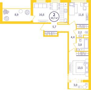2-к квартира, вторичка, 64м2, 4/8 этаж