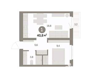 1-к квартира, вторичка, 41м2, 5/9 этаж