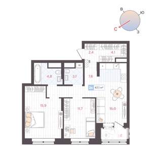2-к квартира, строящийся дом, 67м2, 14/25 этаж