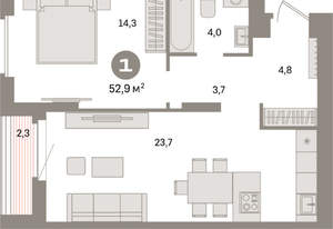 1-к квартира, вторичка, 53м2, 3/16 этаж