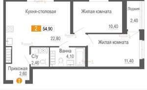 2-к квартира, сданный дом, 55м2, 2/26 этаж